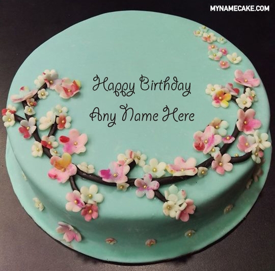 Green floral happy birthday name cake picture - My Name Cake